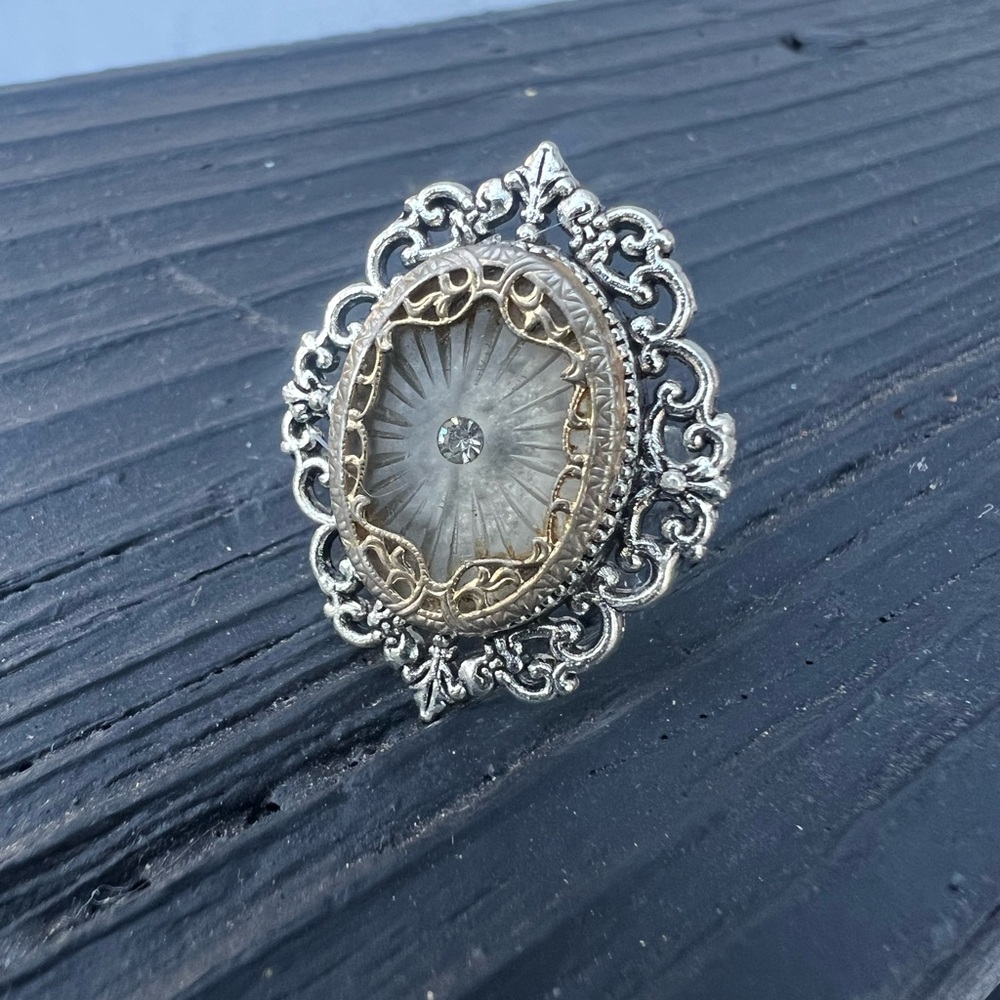 Art Deco Adjustable Camphor Glass Style Victorian Filigree Revival Ring